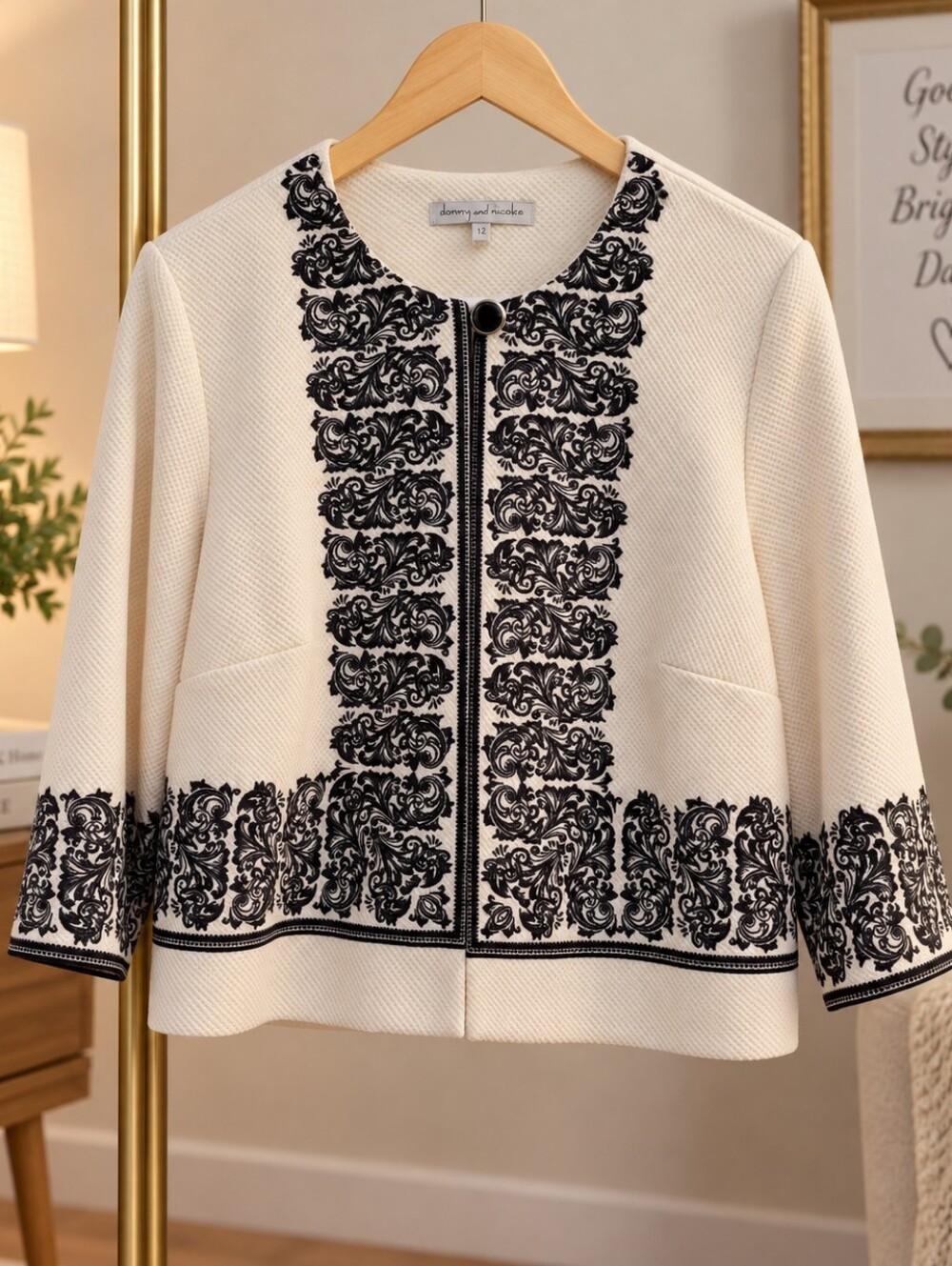 Danny & Nicole Cream Jacket with Black Embroidered Trim Women's Large
